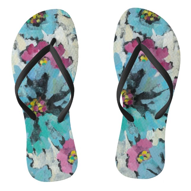 Graphic Pink and Blue Floral Flip Flops (Footbed)