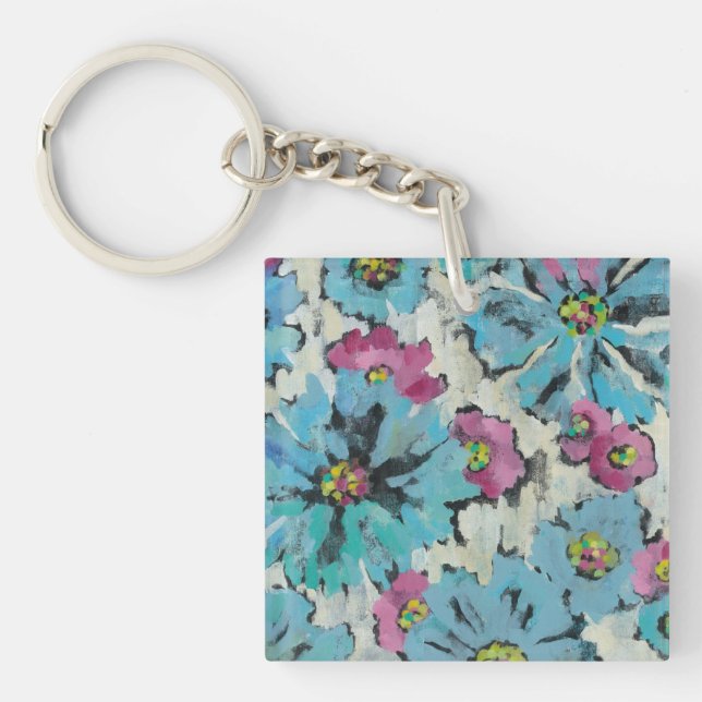 Graphic Pink and Blue Floral Key Ring (Front)