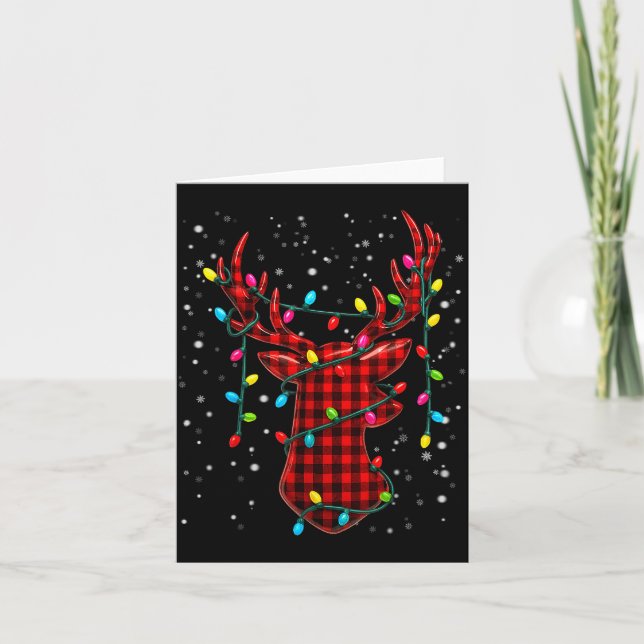 Graphic Plaid Rudolph Christmas Tree Light Xmas Me Card (Front)