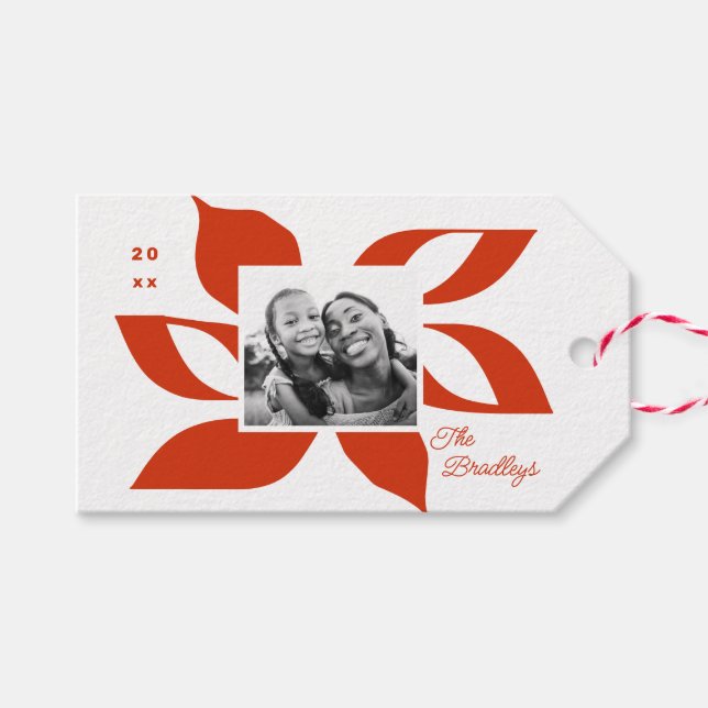 Graphic Poinsettia Holiday Photo Gift Tags (Front (Horizontal))