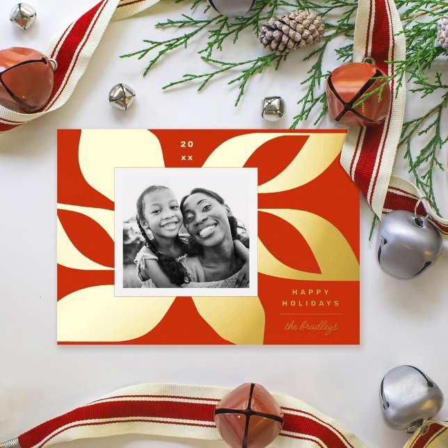Graphic Poinsettia Photo Red and Gold Foil Holiday Card (Creator Uploaded)