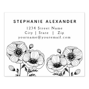 Graphic Poppy flowers black ink return address Rubber Stamp