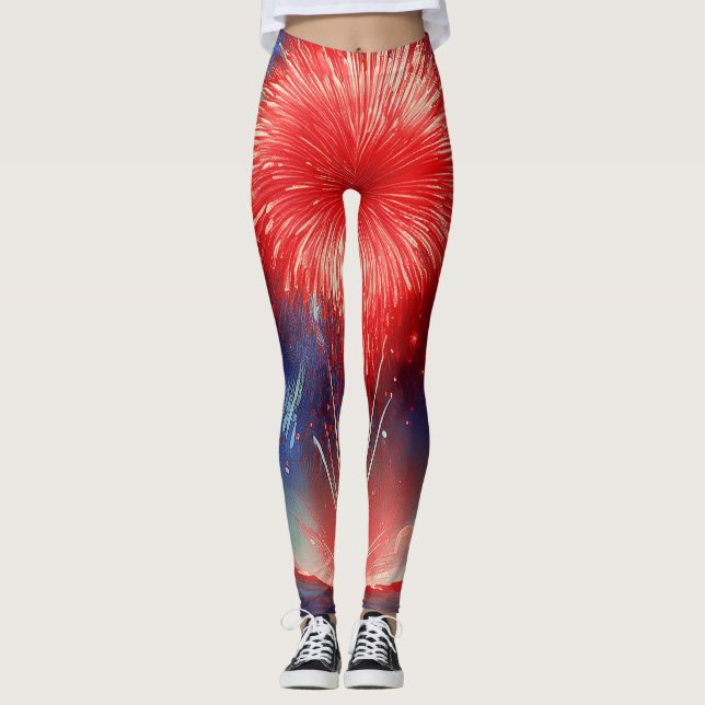 Graphic Red, White and Blue Fireworks In Clouds  Leggings (Front)