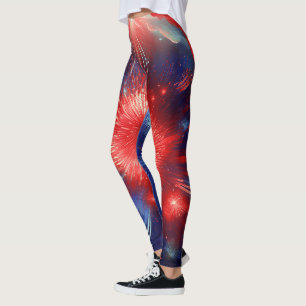 Graphic Red, White and Blue Fireworks In Clouds Leggings