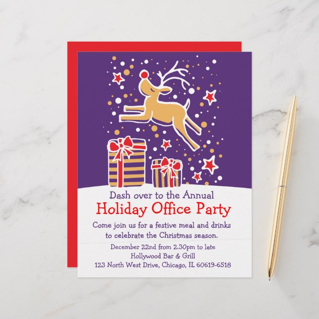 Graphic reindeer bright office party flyer custom letterhead (Front/Back In Situ)