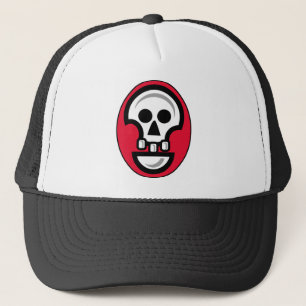 Graphic skull image in red, black and white trucker hat