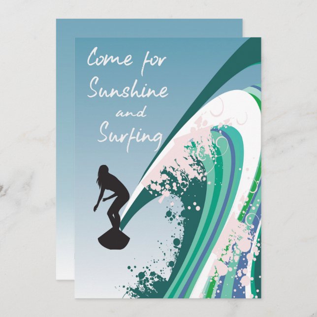 Graphic Surfer on Wave Sunshine and Surfing Party Invitation (Front/Back)