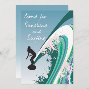 Graphic Surfer on Wave Sunshine and Surfing Party Invitation