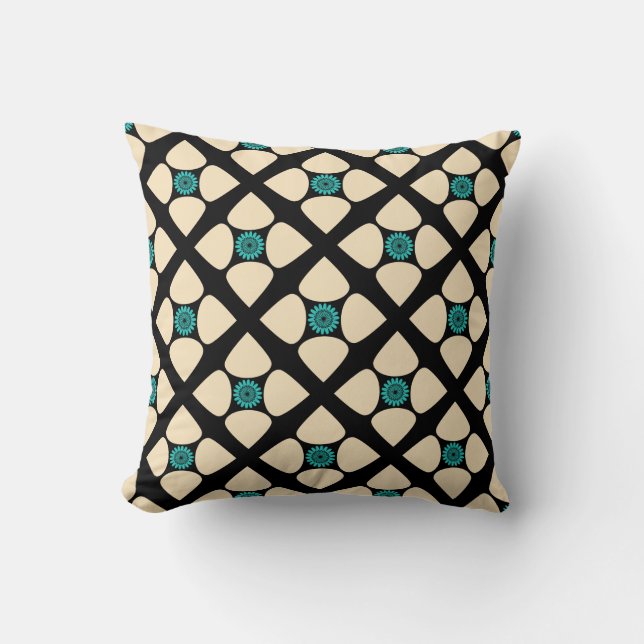 Graphic Tear Drop Centre Flower Teal Cream Black Cushion (Front)