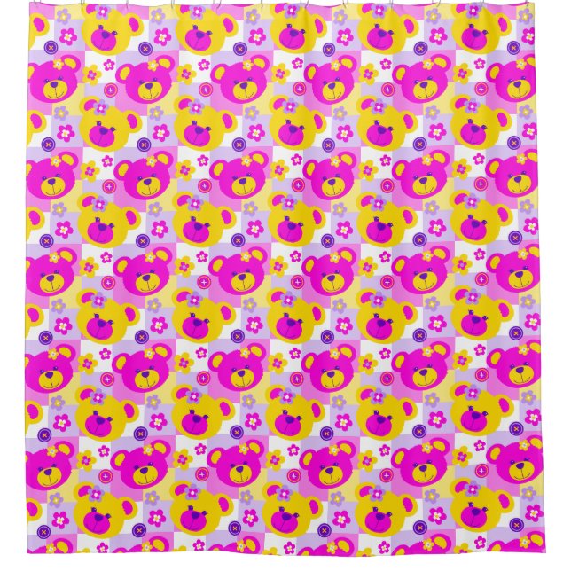 Graphic teddy bear faces pink yellow curtain (Front)