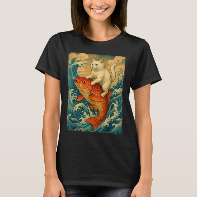 Graphic Tee Men Women Funny Cat Koi Japanese Art W (Front)