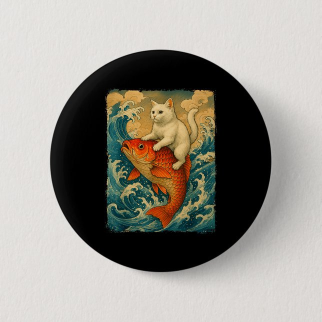 Graphic Tee Men Women Funny Cat Koi Japanese Art W 6 Cm Round Badge (Front)