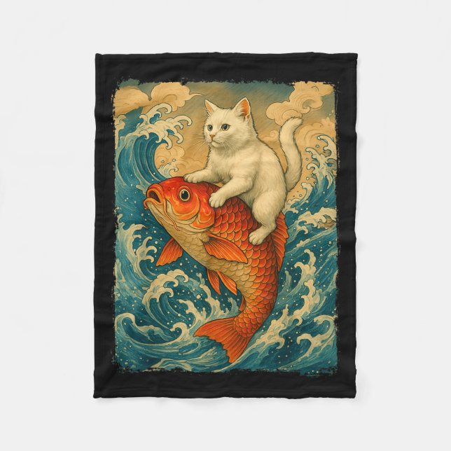 Graphic Tee Men Women Funny Cat Koi Japanese Art W Fleece Blanket (Front)