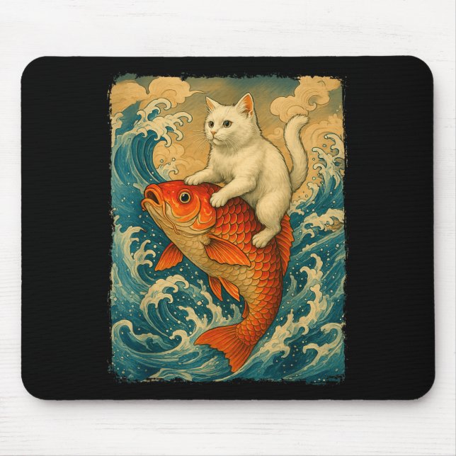 Graphic Tee Men Women Funny Cat Koi Japanese Art W Mouse Mat (Front)