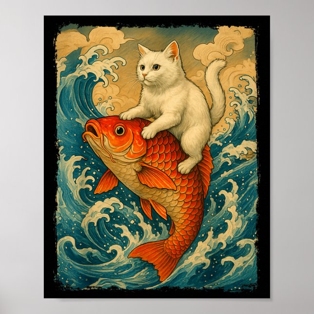 Graphic Tee Men Women Funny Cat Koi Japanese Art W Poster (Front)