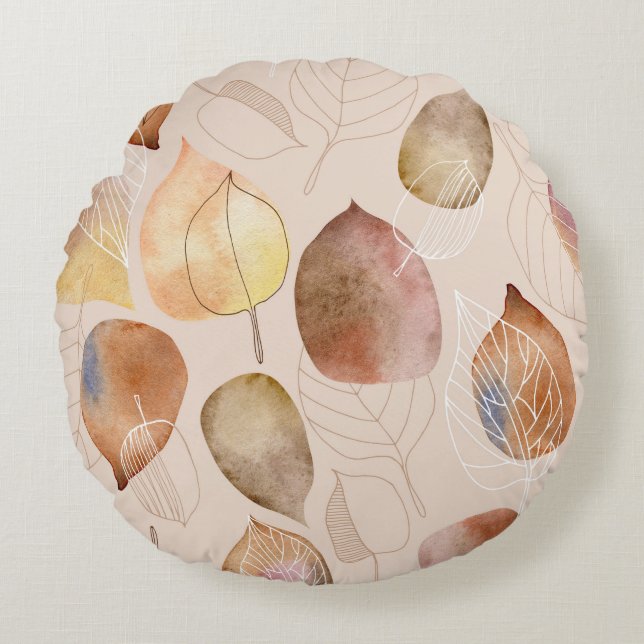 Graphic Watercolor Leaf Autumn Design Round Cushion (Front)