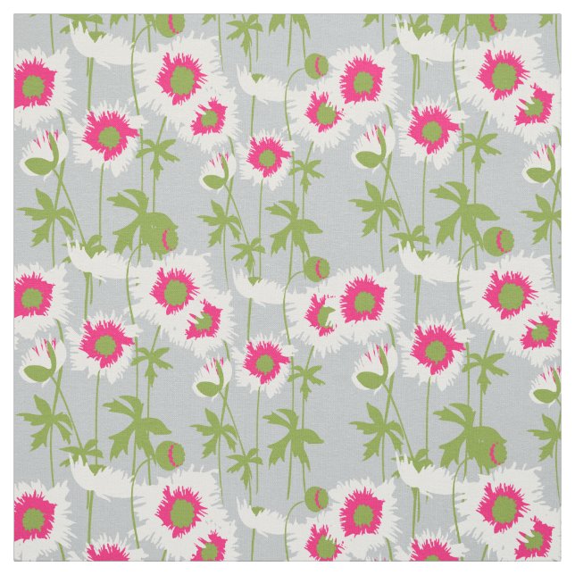 Graphic white ragged poppy art floral pattern fabric (Swatch)