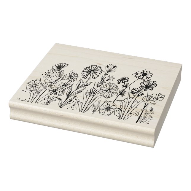 Graphic wild flowers black ink rubber stamp (Stamp)