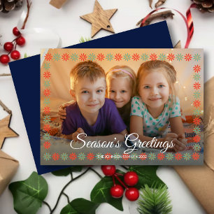 Graphical Floral Border "Season's Greetings" Photo Holiday Card