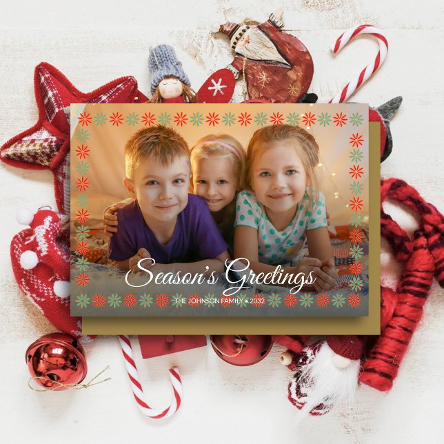 Graphical Floral Border "Season's Greetings" Photo Holiday Card (Creator Uploaded)