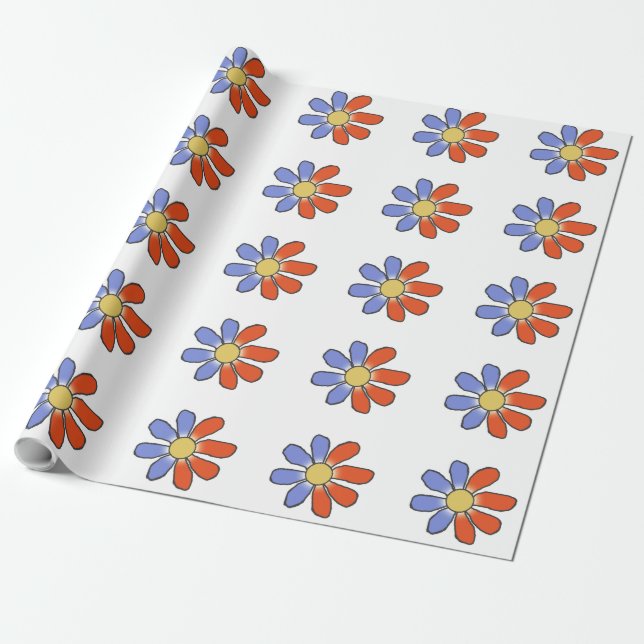 Graphical Flowers Split Red Blue on any Colour Wrapping Paper (Unrolled)