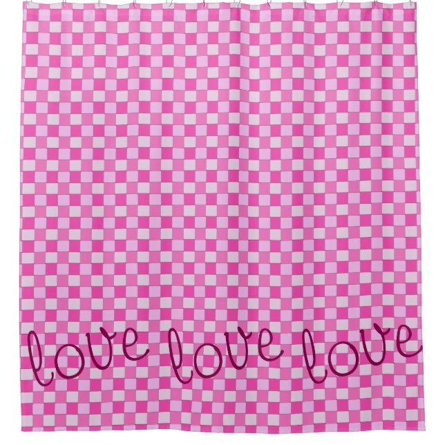 Graphical Woven Chequered Pink with Love Shower Curtain (Front)
