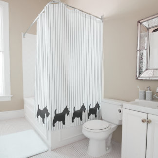 Graphite Terrier on Grey Stripes Shower Curtain