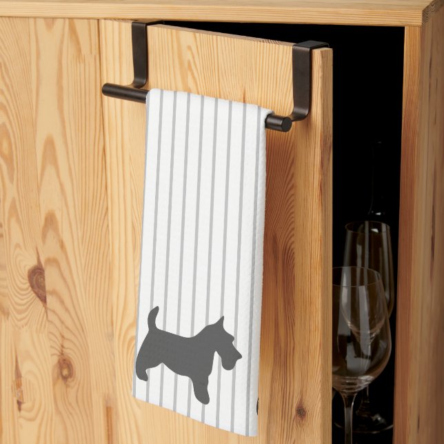 Graphite Terrier on Grey Stripes Tea Towel (Thirds Fold)