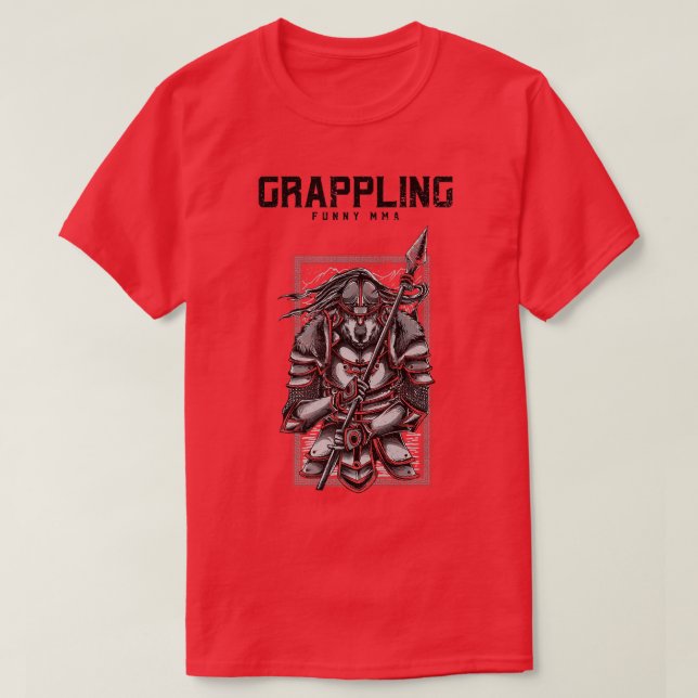 Grappling Samurai Wolf, Spear, JiuJitsu, MMA, Muay T-Shirt (Design Front)