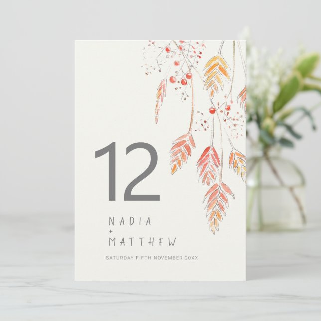 Grass and berries fall wedding table number card  (Standing Front)