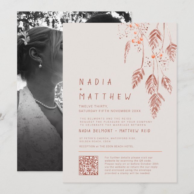 Grass berries tan terracotta watercolor photo invitation (Front/Back)