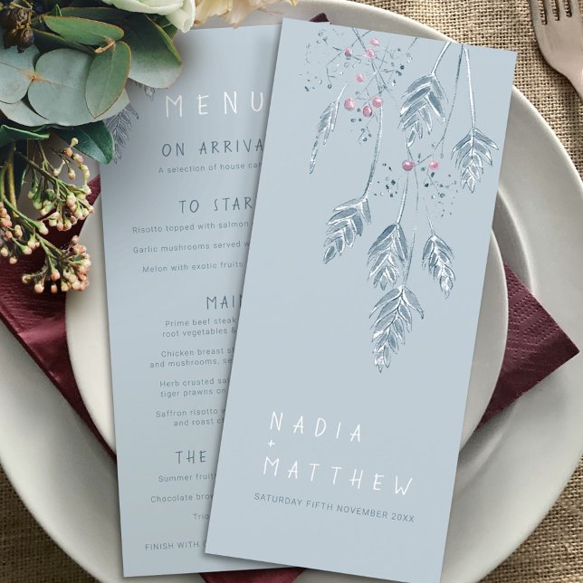 Grass berries watercolor dusty blue wedding menu (Creator Uploaded)