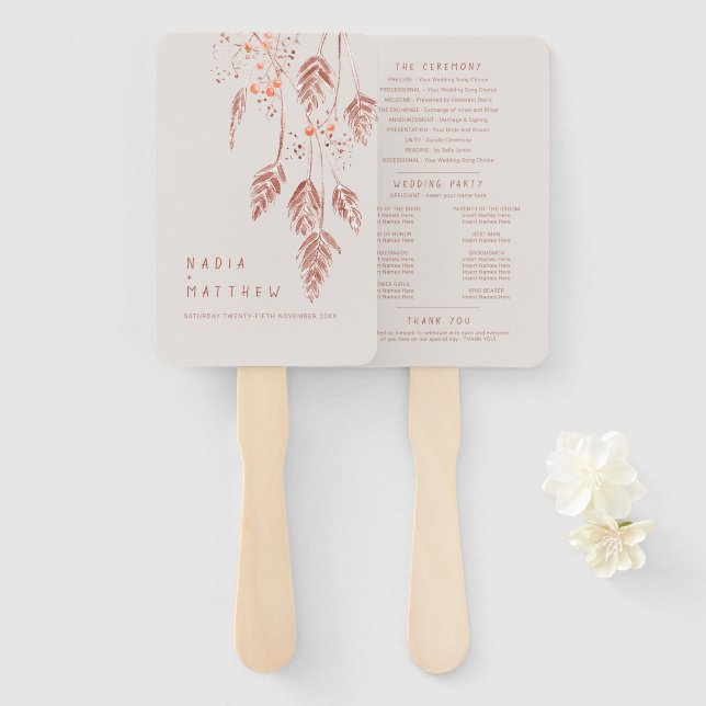 Grass berries watercolor sketch wedding program hand fan (Front and Back)