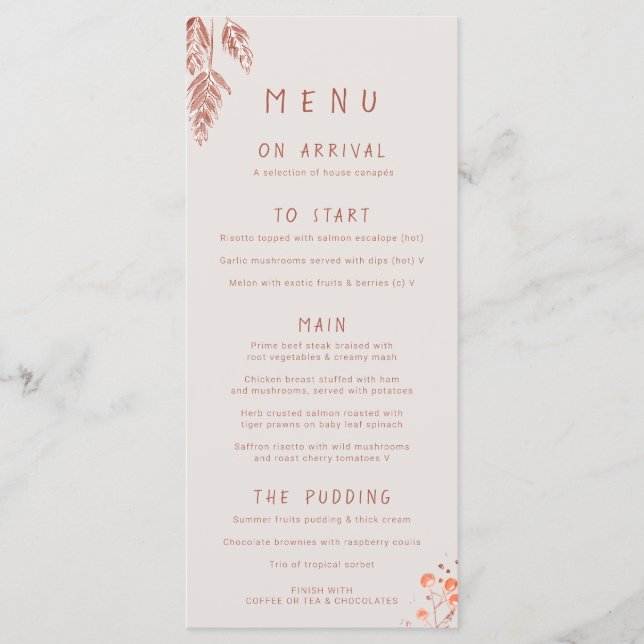 Grass berries watercolor tan terracotta wedding menu (Front)