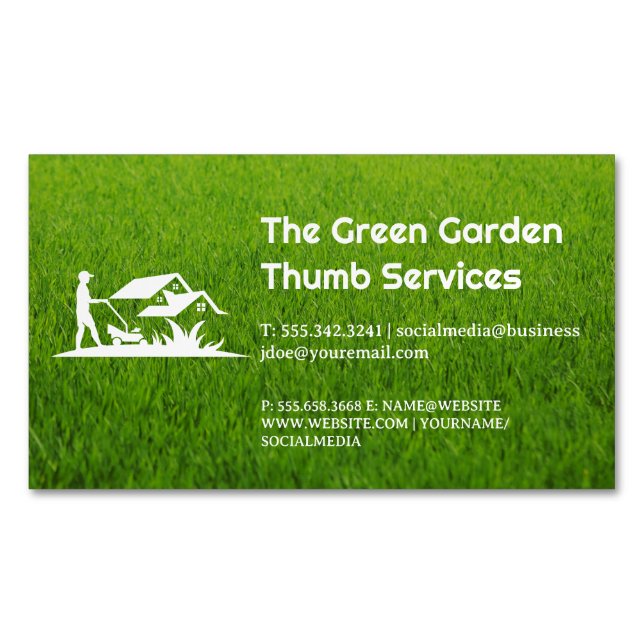 Grass | Gardener Cutting Lawn Magnetic Business Card (Front)