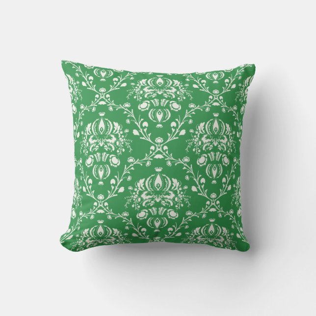 Grass Green and White Damask Cushion (Front)