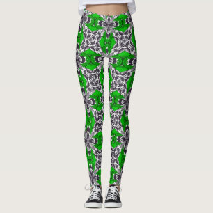 Grass Green and White Repeat Tile Pattern Leggings