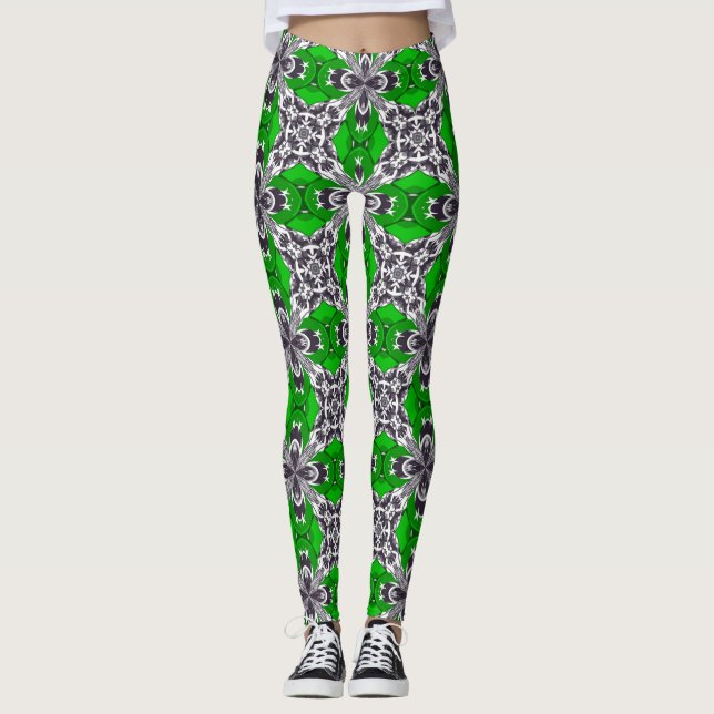 Grass Green and White Repeat Tile Pattern Leggings (Front)