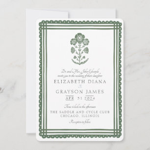 Grass Green Botanical Block Print Wedding Invitation