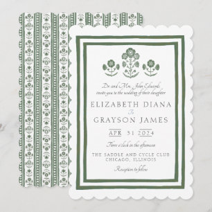 Grass Green Botanical Block Print Wedding Invitation