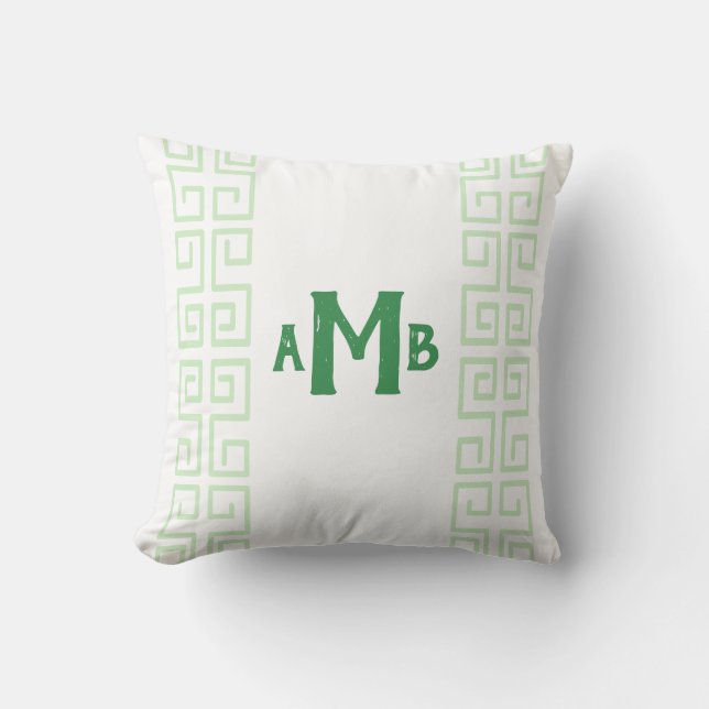 Grass Green Chinoiserie Greek Key Stripe Monogram Cushion (Front)