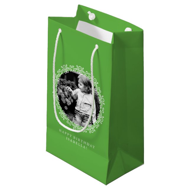 Grass Green Personalised Fancy Swirls Photo Frame Small Gift Bag (Front Angled)