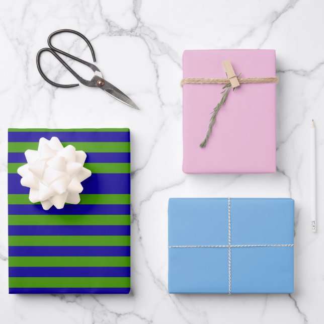 Grass Green Stripes with Cotton Candy and Blue Wrapping Paper Sheet (Front)