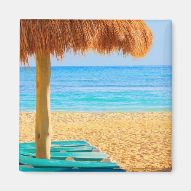 Grass Hut & Loungers On Beach Magnet (Front)