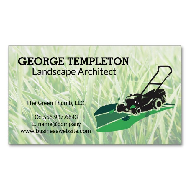 Grass | Lawn Mower | Landscaping Industry Magnetic Business Card (Front)