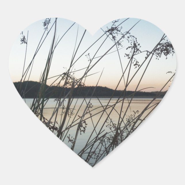 Grasses at lake Sunset Heart Sticker (Front)