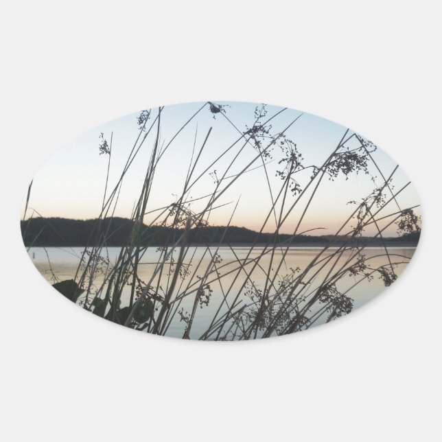 Grasses at lake Sunset Oval Sticker (Front)