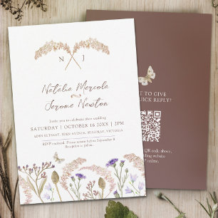 Grasses wildflower watercolor fall wedding QR code Invitation
