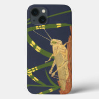 Grasshopper in Green Grass on Blue Background