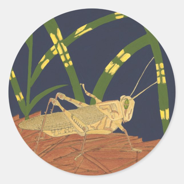Grasshopper in Green Grass on Blue Background Classic Round Sticker (Front)
